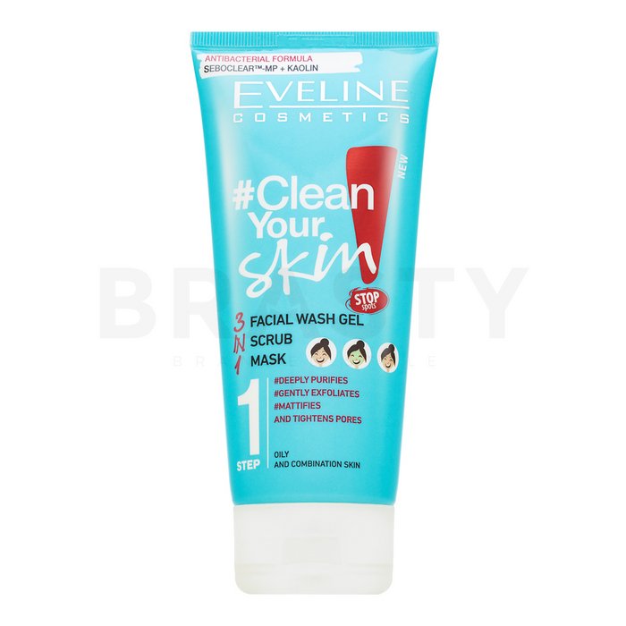 Eveline clean your skin 3in1 face wash gel - scrub - mask gel multifuncțional de curățare și exfoliere pentru piele problematică 200 ml